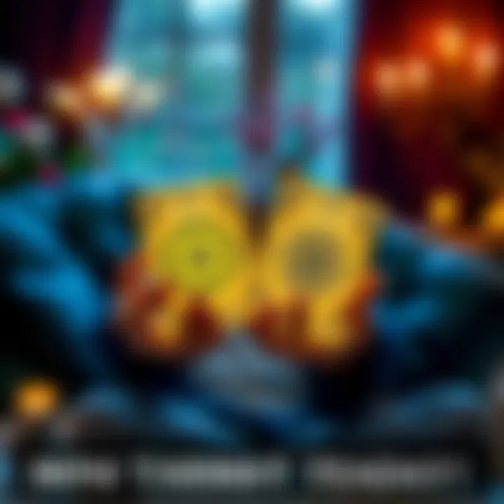 A person holding two tarot cards with mystical symbols, offering guidance in a cozy setting.