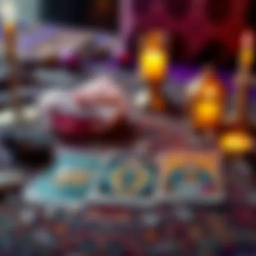 A vibrant image showing three tarot cards spread out on a table with crystals and candles nearby, symbolizing a tarot reading session.