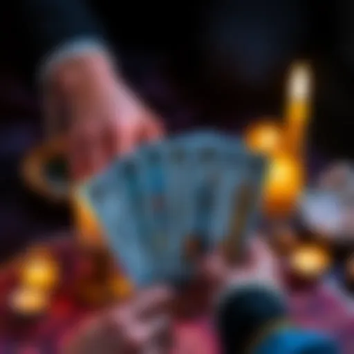 A person holding tarot cards with a lit candle and crystals in the background, inviting for free readings