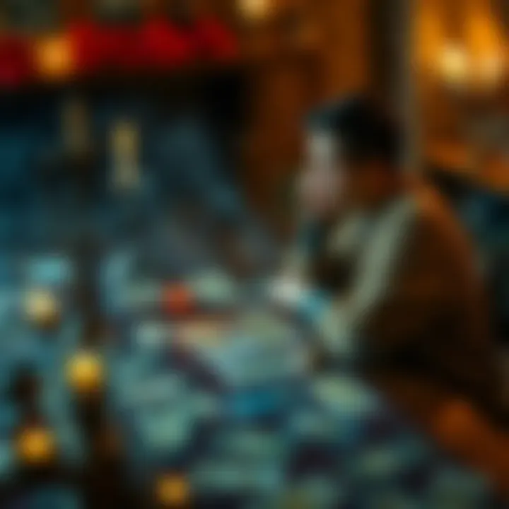 A person sitting at a table with tarot cards spread out, looking intrigued and thoughtful during a reading session