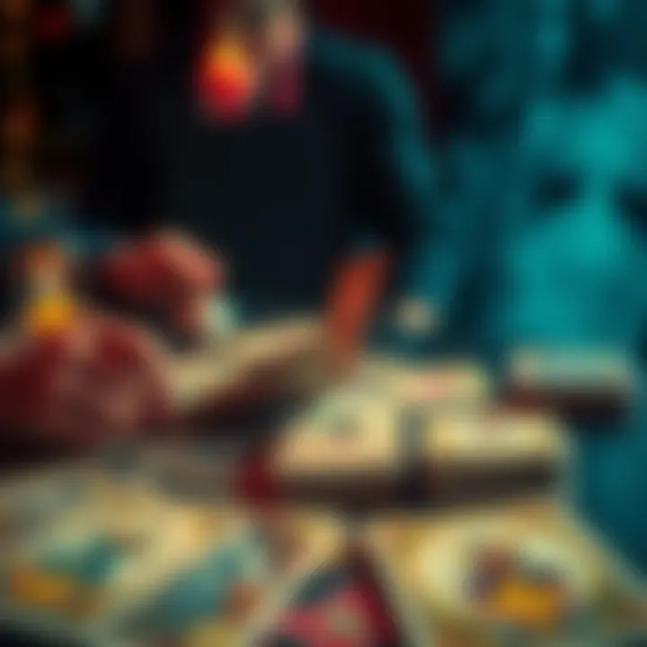 A table with tarot cards spread out, inviting people to ask questions. A hand reaching for a card is visible.
