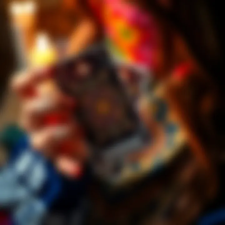 Tarot Card Reading A person holding a tarot card with a colorful design, symbolizing clarity and guidance.