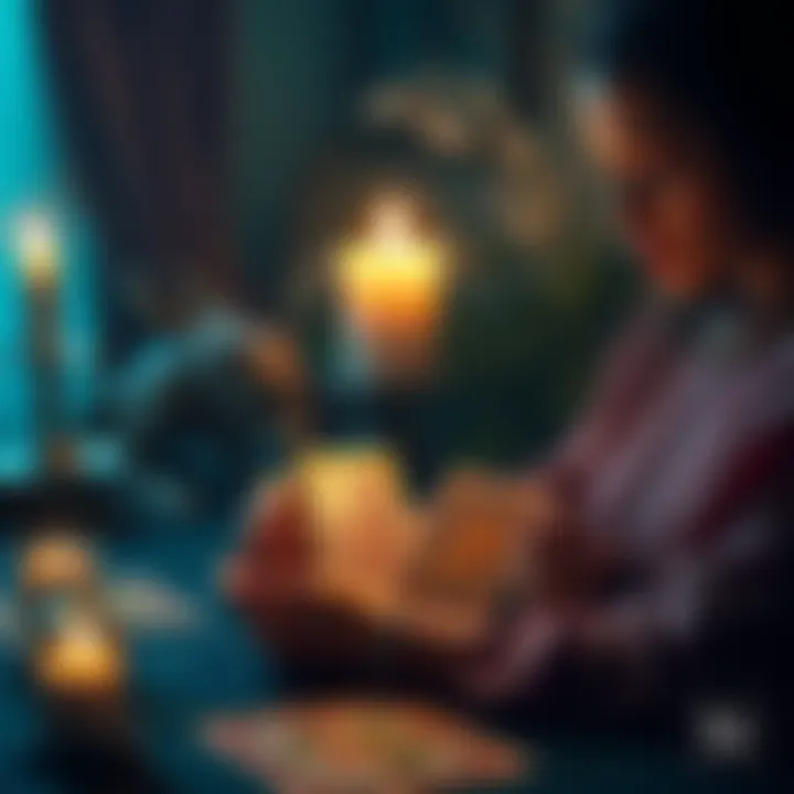 A person holding tarot cards and looking thoughtful while seated at a table, with a mystical ambiance and candlelight in the background.