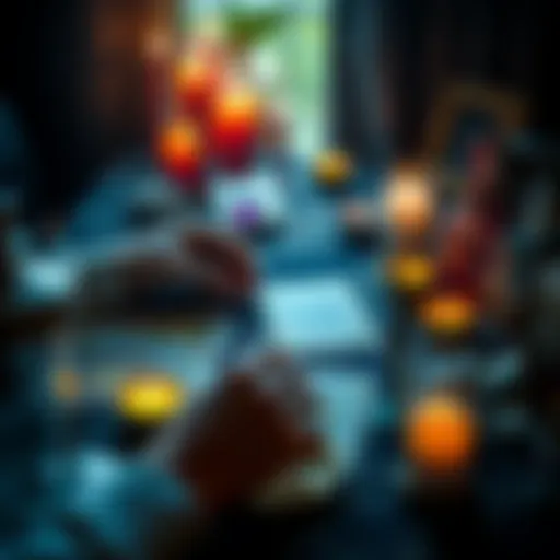 A person conducting a tarot card reading with colorful cards laid out on a table, surrounded by candles and crystals.