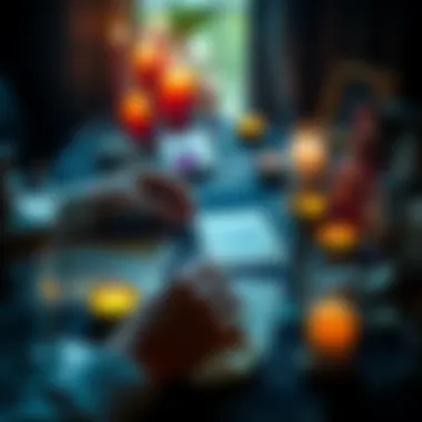 Tarot Card Reading A person conducting a tarot card reading with colorful cards laid out on a table, surrounded by candles and crystals.