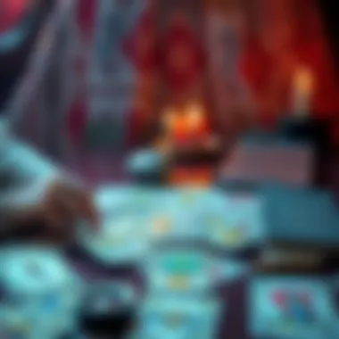 A tarot reader with cards spread on a table, inviting people to share their initials and desires for a free reading