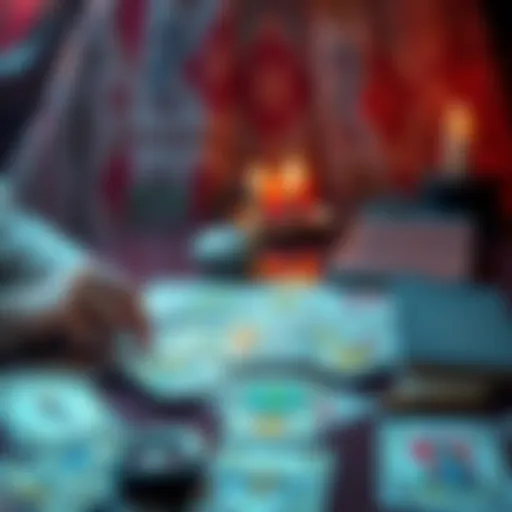 A tarot reader with cards spread on a table, inviting people to share their initials and desires for a free reading