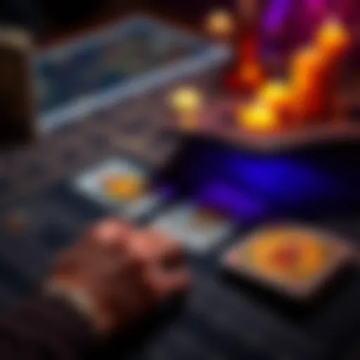 A person laying out three tarot cards on a table, inviting participation for a reading.