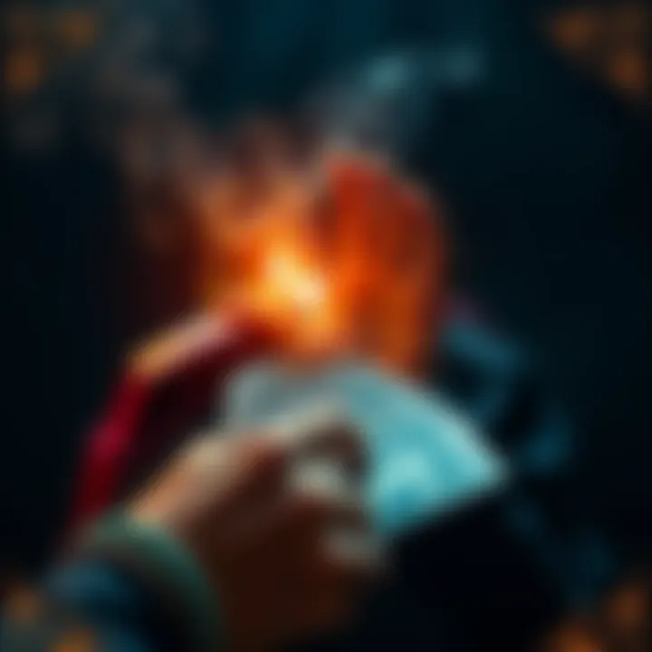 A person shuffling tarot cards with a mystical background, ready to give readings.