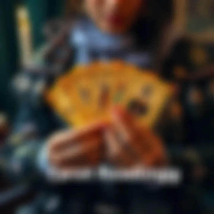 A person holding tarot cards with a mystical design, inviting others to get a free reading
