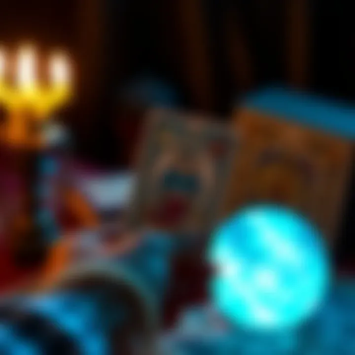 Tarot Card Reading A person holding a tarot card with a glowing crystal ball in the background
