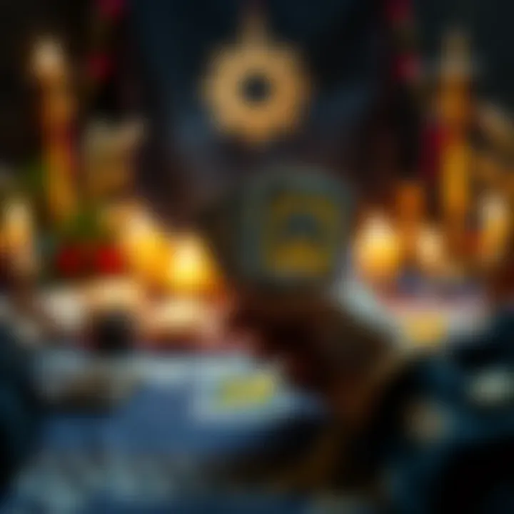 Tarot Card Reading A tarot reader holding a deck of tarot cards with one card facing up. The background shows a table with candles and mystical decorations, inviting atmosphere for a reading.