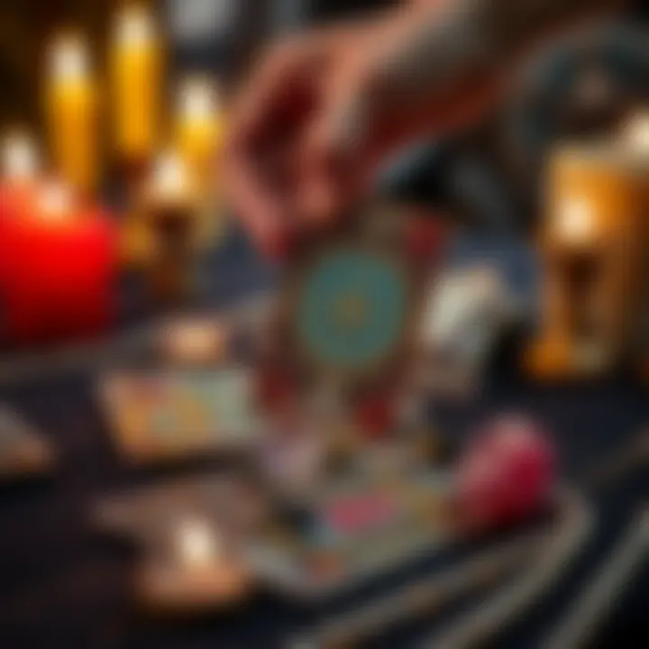 A close-up of a hand holding a tarot card over a table with candles and crystals, symbolizing a one-card pull for advice.