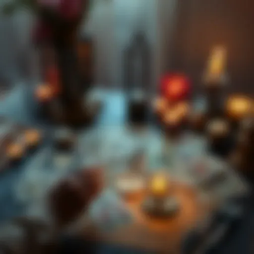 A person with tarot cards spread out on a table, ready for a yes/no reading. The atmosphere is calm and inviting, with candles and crystals around.