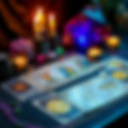 A set of colorful tarot cards laid out on a table with crystals and candles beside them.