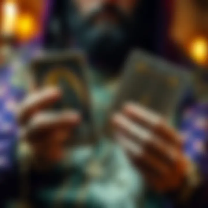 A person holding tarot cards with mystical symbols, promoting free tarot readings.