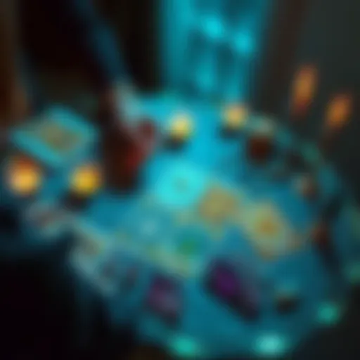 A person conducting a tarot card reading with three cards laid out on a table, surrounded by candles and crystals.