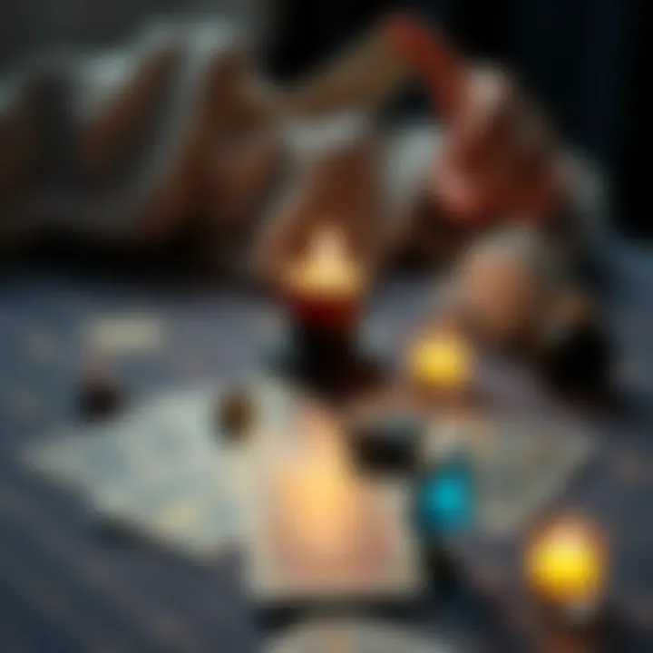 Tarot Card Reading A display of tarot cards being shuffled with a candle and crystals on a table, inviting personal inquiries.