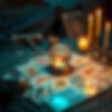 A tarot card spread with colorful cards laid out on a table, next to a crystal ball and candles, inviting people to participate in a free tarot reading.