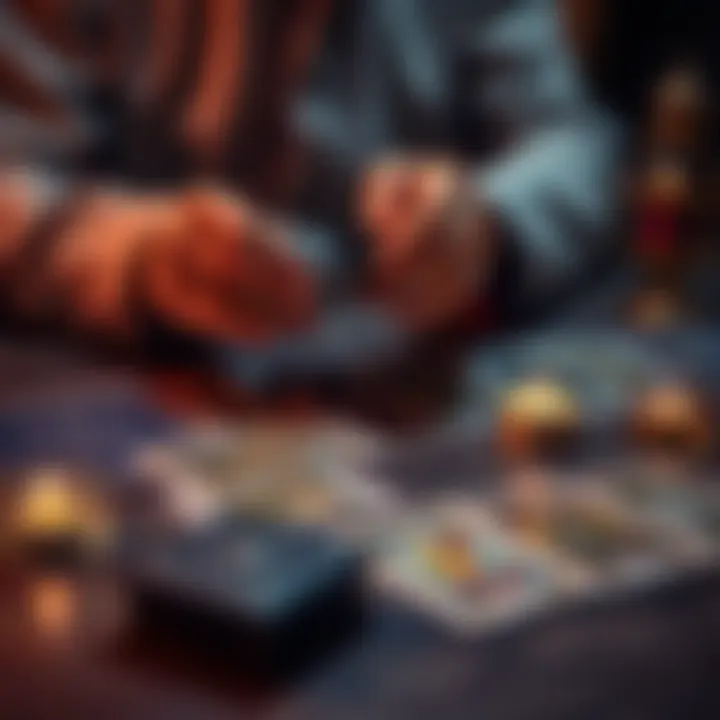 A person shuffling tarot cards with a few cards laid out on a table, creating a personal reading atmosphere.