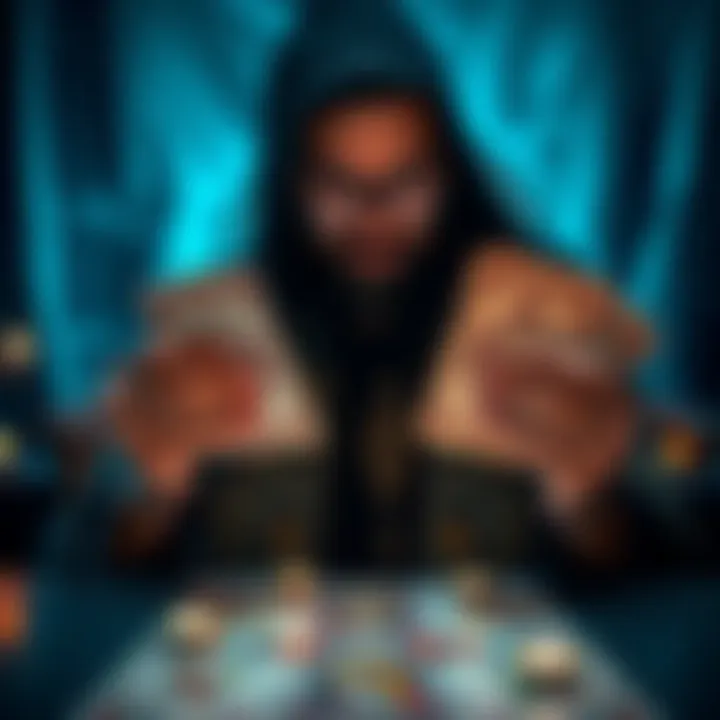 Tarot Card Reading A tarot reader holding tarot cards with a mystical backdrop.