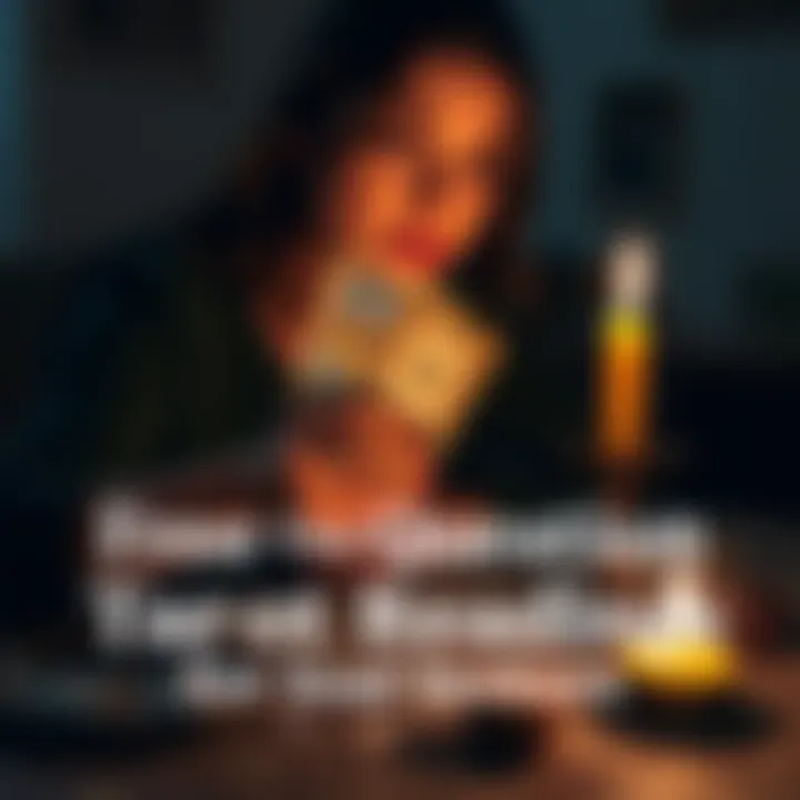 A person holding a tarot card and looking thoughtful, with a candle and crystals on a table nearby.