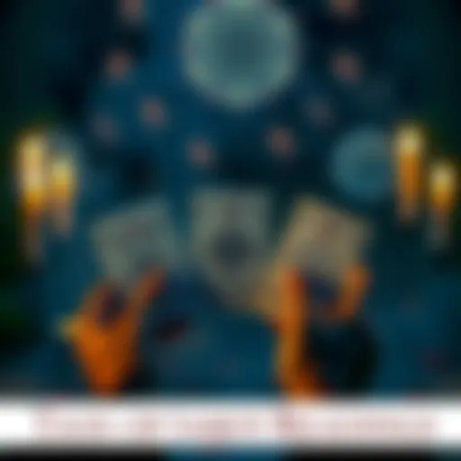 A person holding tarot cards with mystical symbols under candlelight