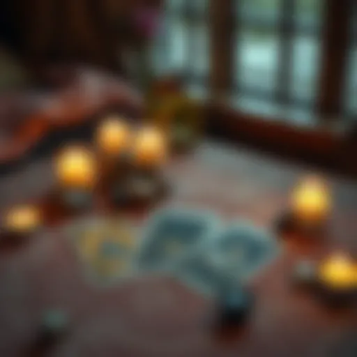 A cozy scene with three tarot cards laid out on a table, surrounded by candles and crystals, symbolizing a free three-card reading service.