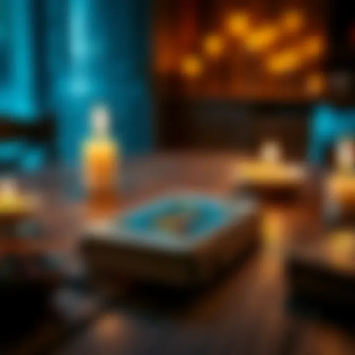 A single tarot card laid on a wooden table with candles around it, symbolizing a reading about feelings and intentions.
