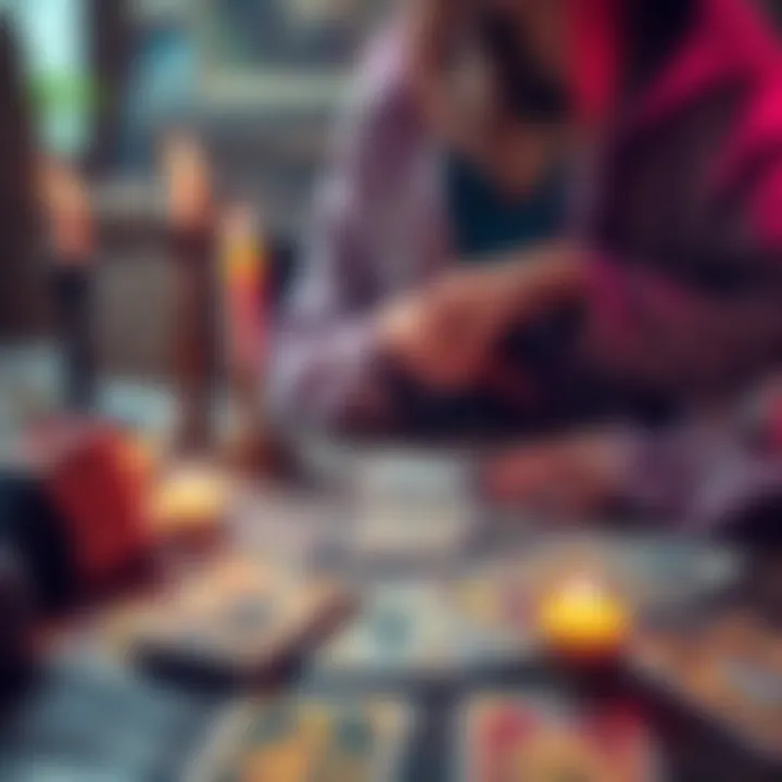 A clairvoyant psychic performing a tarot card reading, with cards spread on a table and candles in the background.