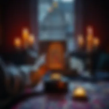 Tarot Card Reading A person holding a tarot card while seated at a table with candles and crystals, inviting questions about life choices.