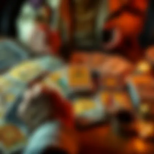 A person conducting a tarot card reading with a deck of cards spread out on a table, showing symbols and images that represent feelings and thoughts.