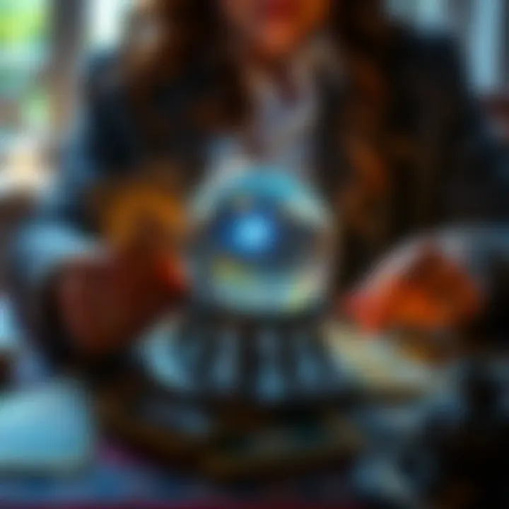 A person holding tarot cards with a crystal ball on a table, looking thoughtful about relationships and emotions.