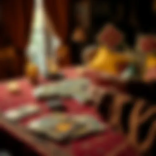 Tarot Card Reading A beginner tarot reader spreads tarot cards on a table with a cozy setting, inviting people for free readings.