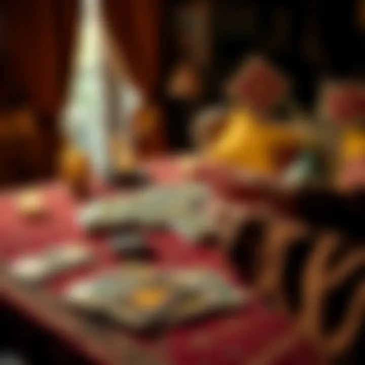 Tarot Card Reading A beginner tarot reader spreads tarot cards on a table with a cozy setting, inviting people for free readings.