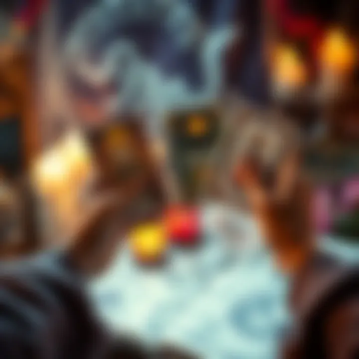 A person holding tarot cards with mystical symbols, ready to offer a reading, surrounded by candles and crystals.