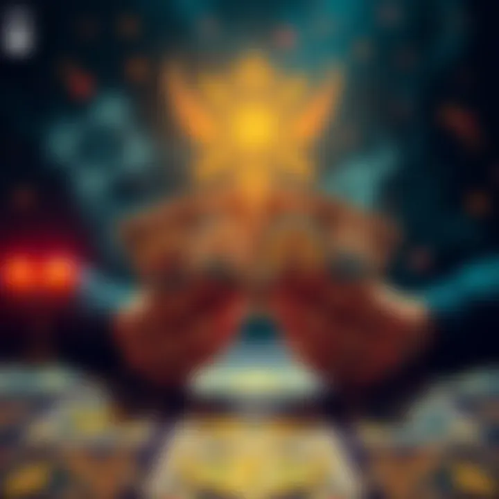 A person holding tarot cards, preparing for a reading, with mystical symbols around them