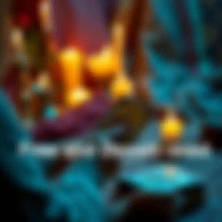 A person holding tarot cards with a cozy setting and candles in the background