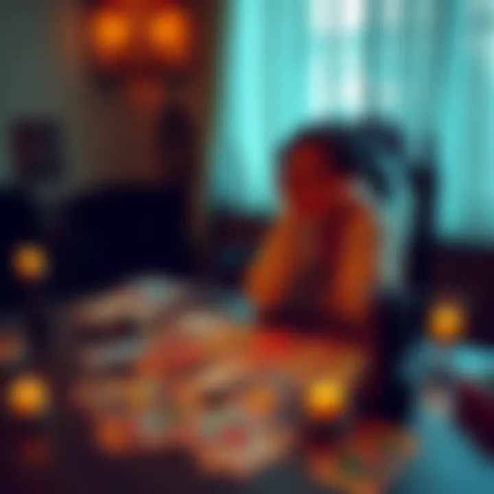 A person sitting at a table with Tarot cards spread out, looking contemplative after receiving a reading about energetic blocks.