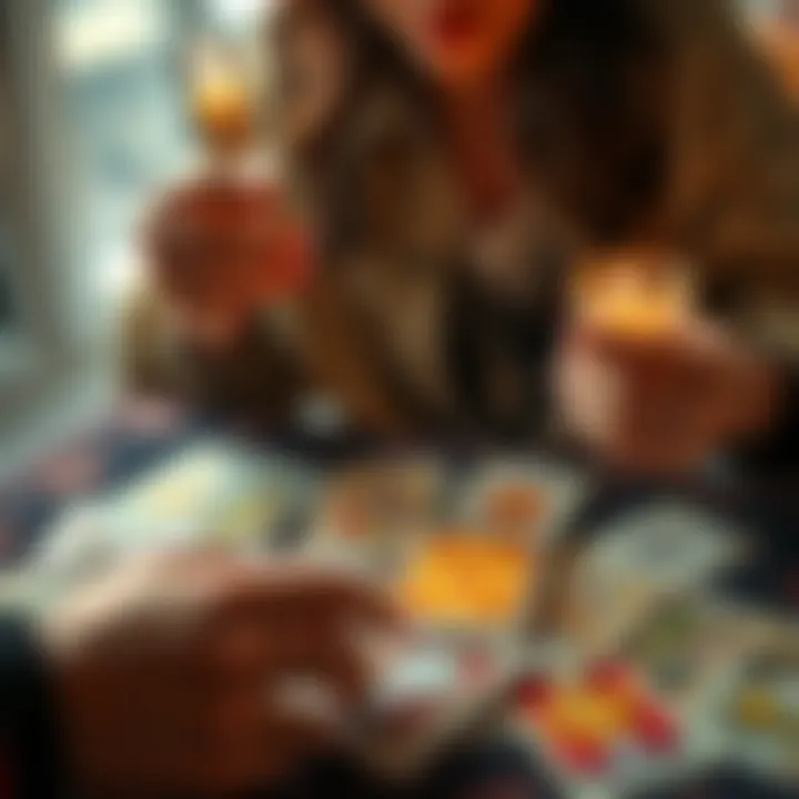 A tarot reader with a deck of cards spread out, inviting people to participate in free readings by commenting their initials and favorite emoji.