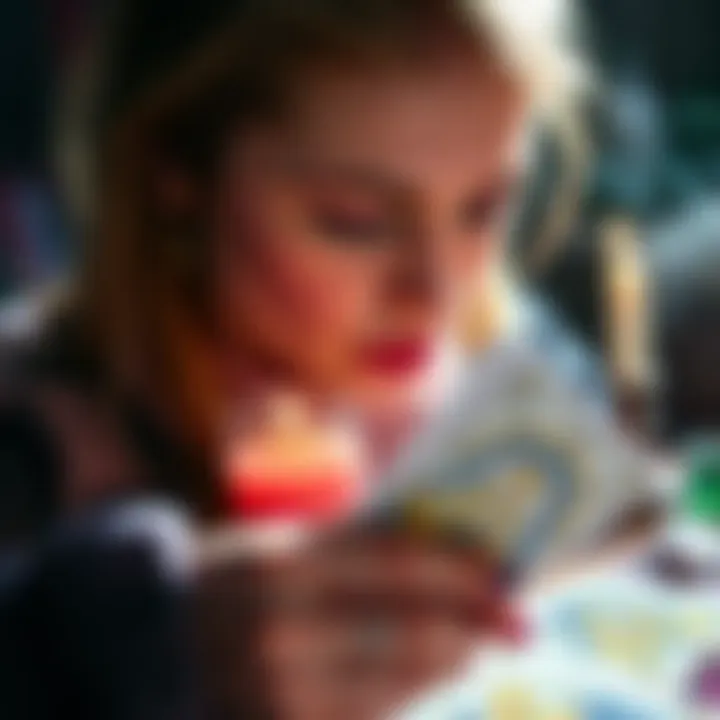 Tarot Card Reading A close-up of a person holding tarot cards with a focused expression, surrounded by candles and crystals, illustrating self-reflection in tarot readings.