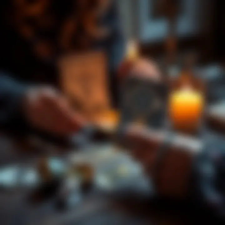 Tarot Card Reading A person holding tarot cards with a candle and crystals on a table, ready for a reading.