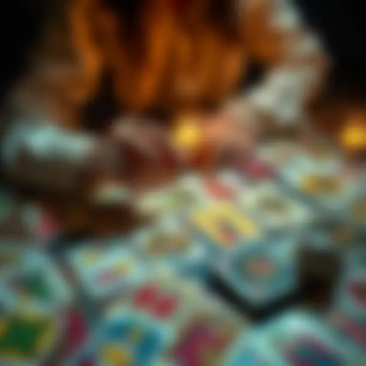 Tarot Card Reading A person performing a tarot card reading on a table with colorful tarot cards spread out