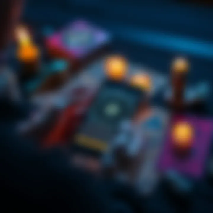 A person using a tarot card reading app on an Android phone, surrounded by tarot cards and crystals