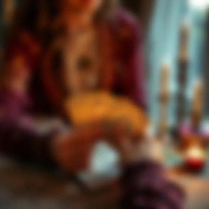 A person holding tarot cards on a table, reflecting on feelings after a breakup, with candles and crystals nearby.