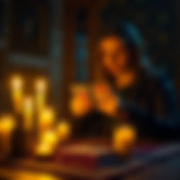 A person performing a tarot card reading with candles lit around them, creating a calm atmosphere for clarity in no contact situations.
