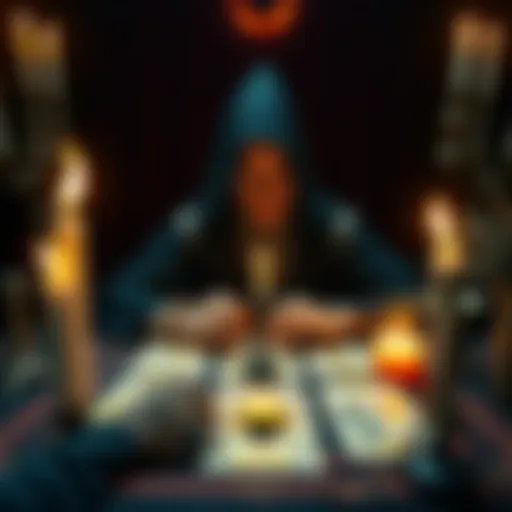 A person engaged in a tarot card reading, surrounded by occult symbols and candles, aiming to connect with infernal entities.