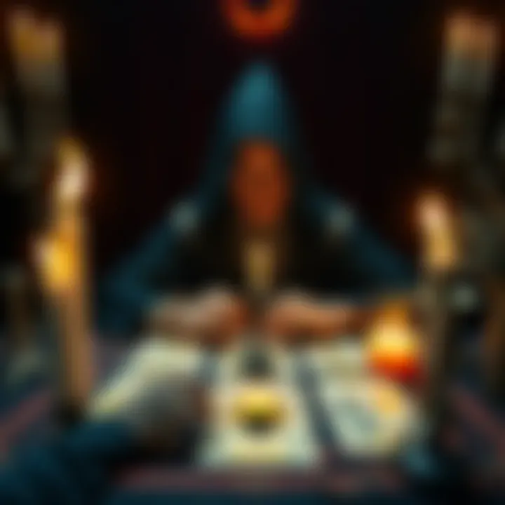A person engaged in a tarot card reading, surrounded by occult symbols and candles, aiming to connect with infernal entities.