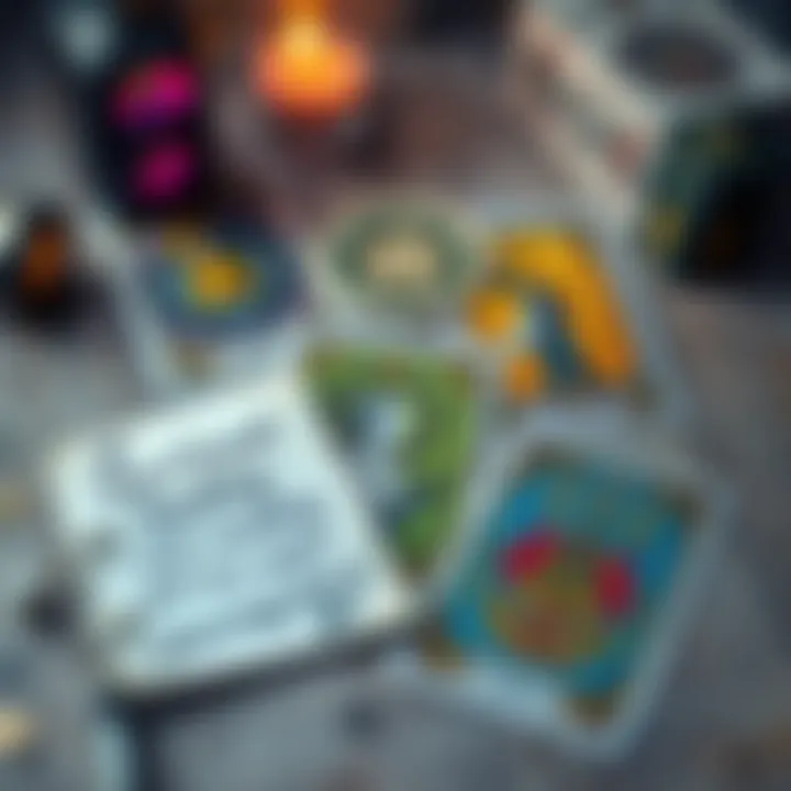 Tarot Card Reading Invitation A colorful tarot card spread with three cards laid out on a table, inviting viewers for a reading. Details include a notepad with a message to DM for a free reading and mentions of piercings.