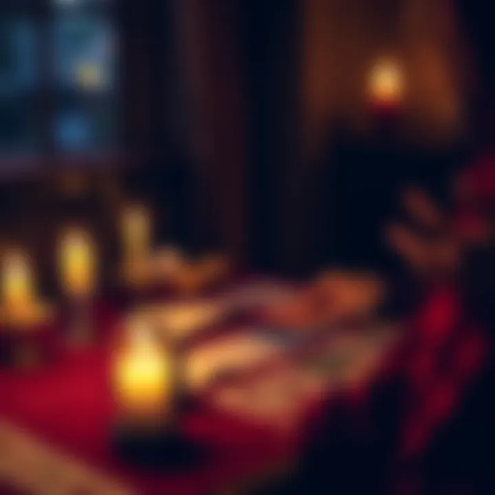 A candlelit table with tarot cards spread out for a reading, creating a mystical and inviting atmosphere.